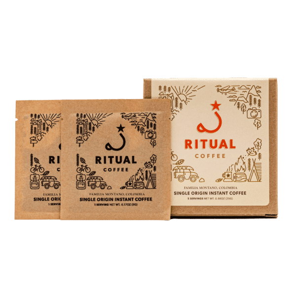 instant coffee familia montano pack with two satchets overlapping on the left