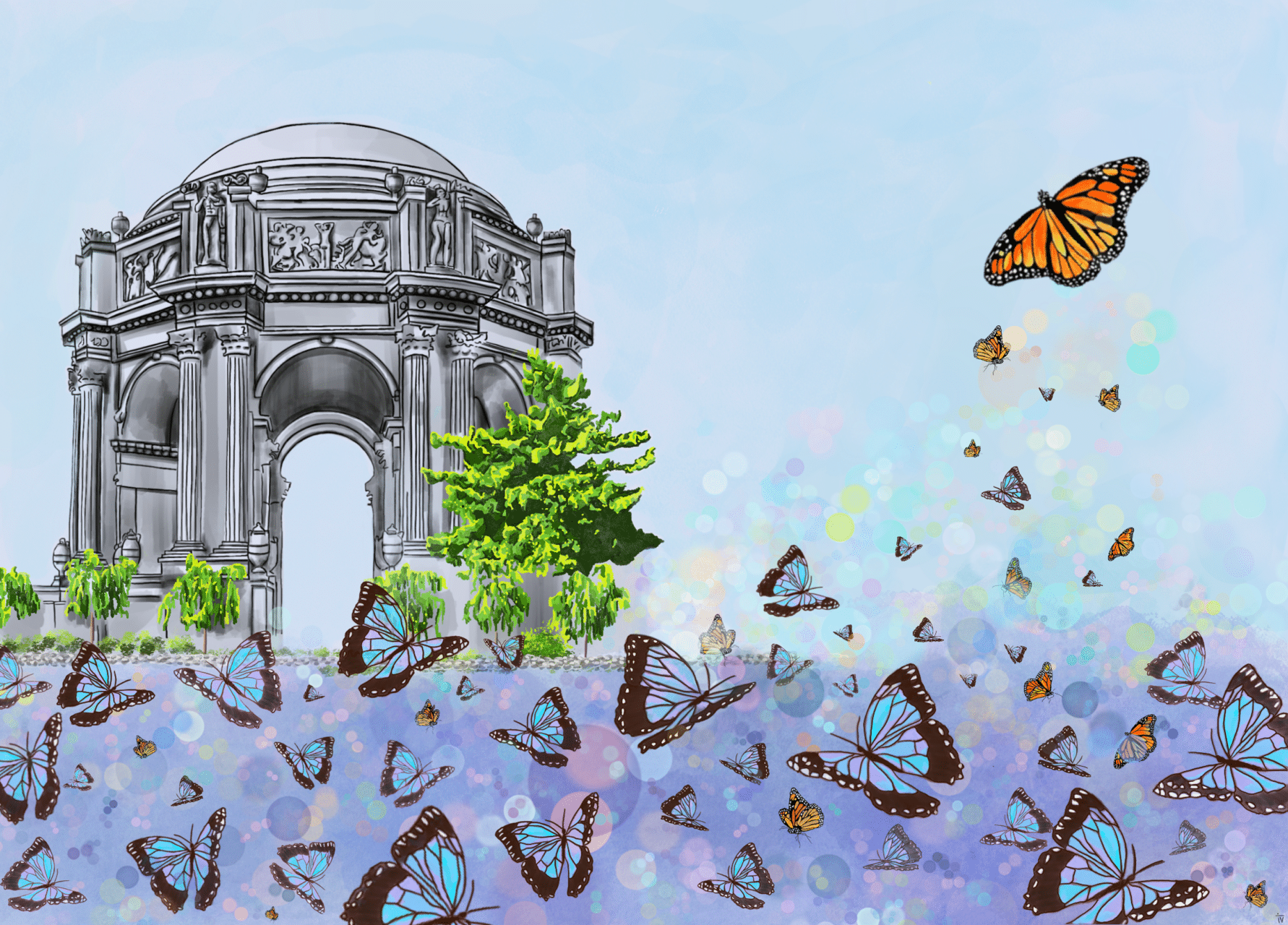 Palace of Fine Arts with butterflies artwork