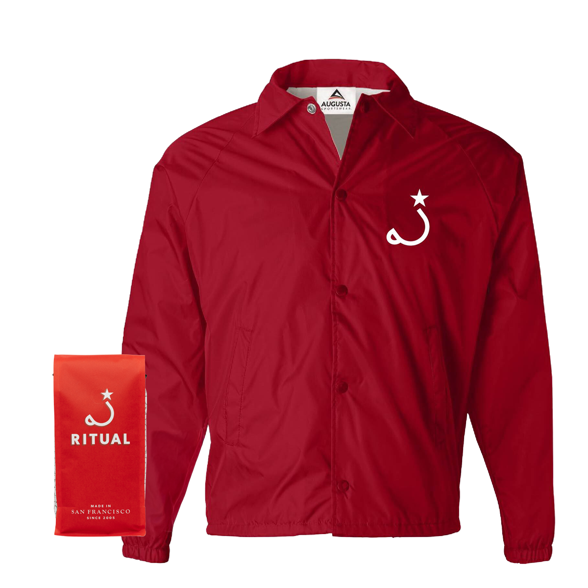 bag of drip coffee with Ritual coach's jacket