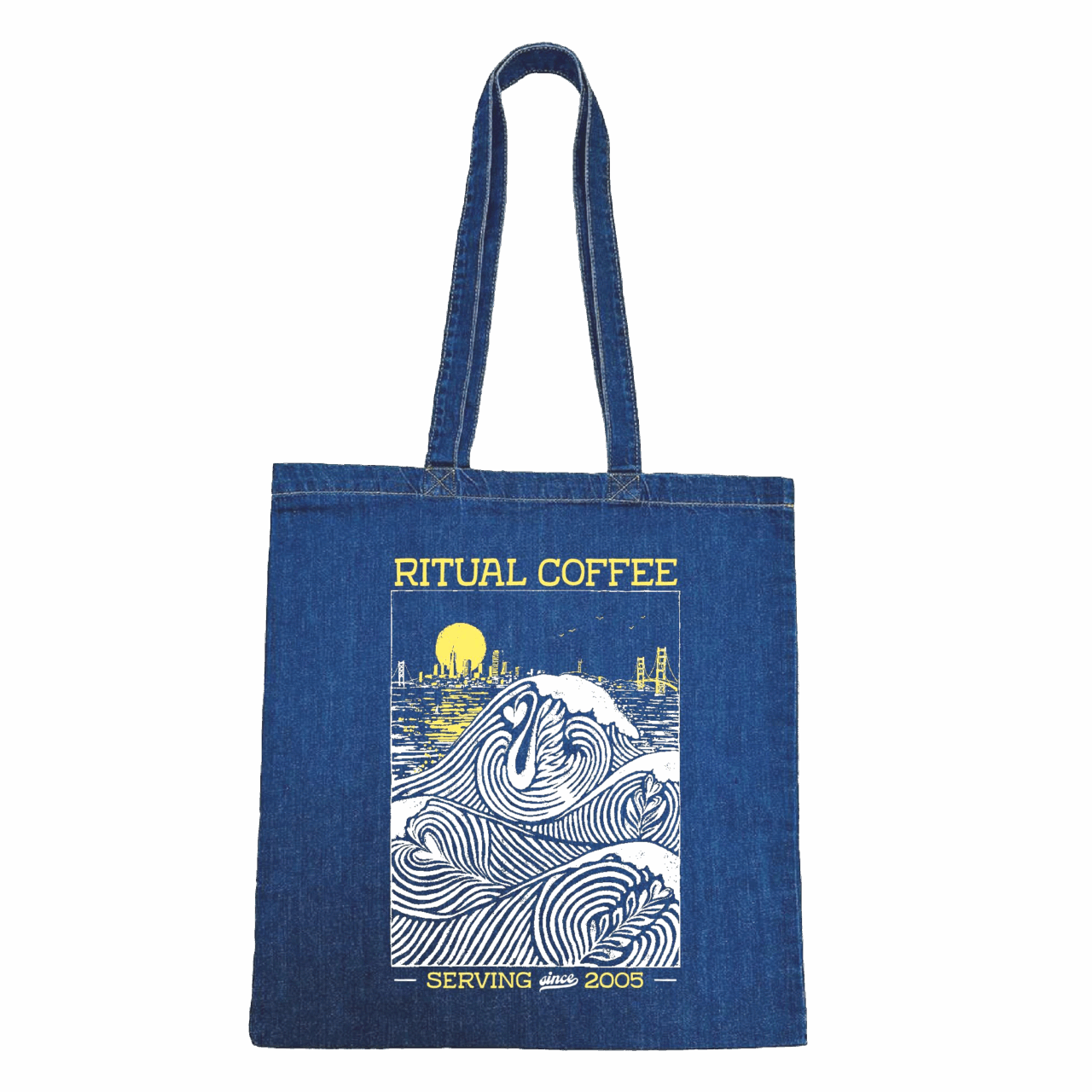Denim tote bag with illustration of waves forming latte art