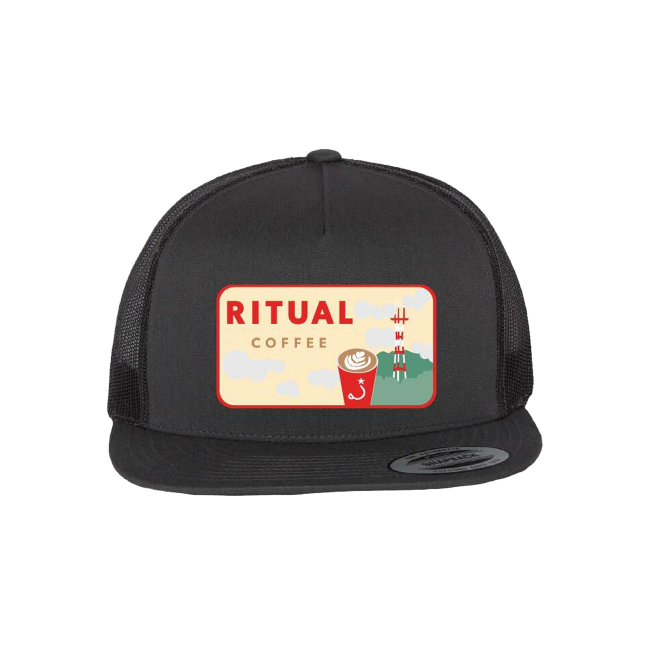 dark trucker hat with a designed embroidered patch.
