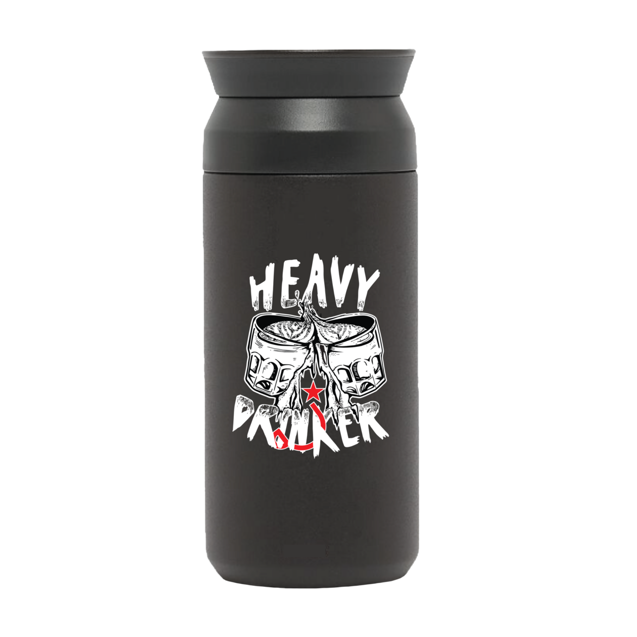 A black tumbler that says "heavy drinker"