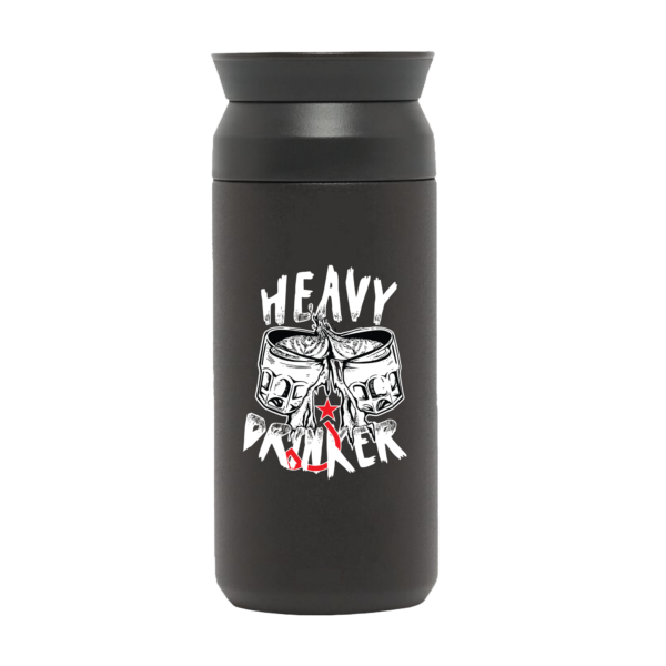 A black tumbler that says "heavy drinker"